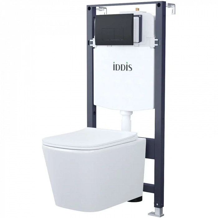 Комплект инсталляция с унитазом IDDIS Profix BASBI02i73 с кнопкой смыва, черный матовый + унитаз подвесной IDDIS Bild безободковый, с сиденьем микролифт, белый