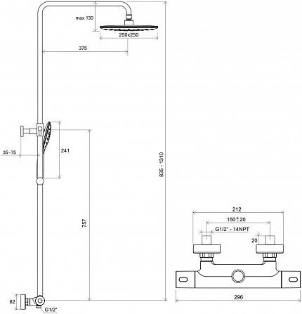 Душевая система с термостатом Ravak TE 093.00/150 Termo 300 X070164